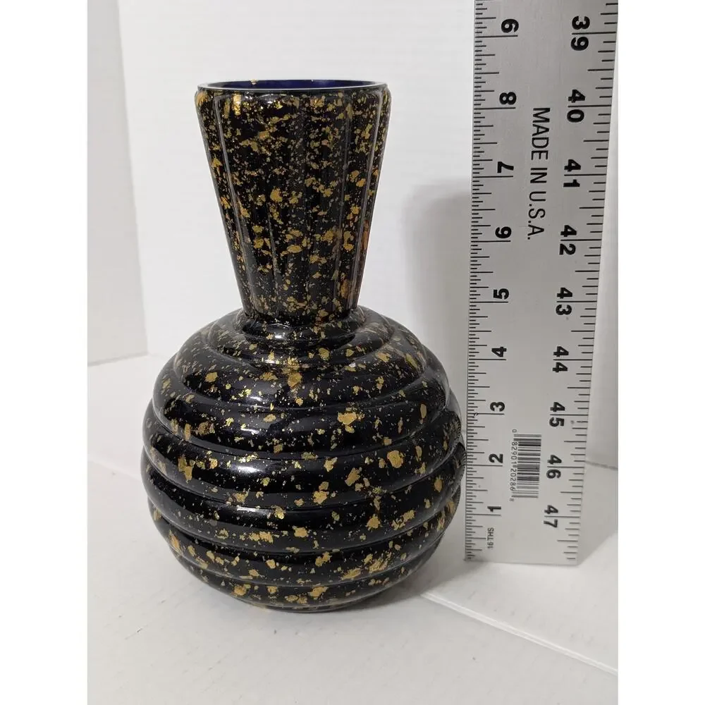 Vintage Cobalt Blue Spatter Speckle Glass Fluted Ribbed Vase